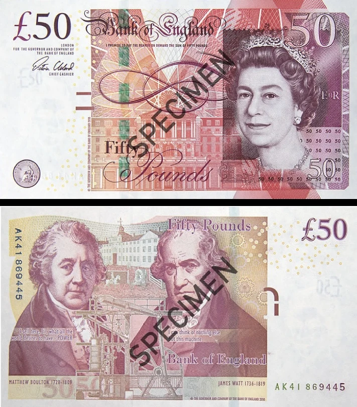 Front and back of the paper Bank of England 50 pound note first issued in 2011, with Matthew Boulton and James Watt on the back, overprinted SPECIMEN