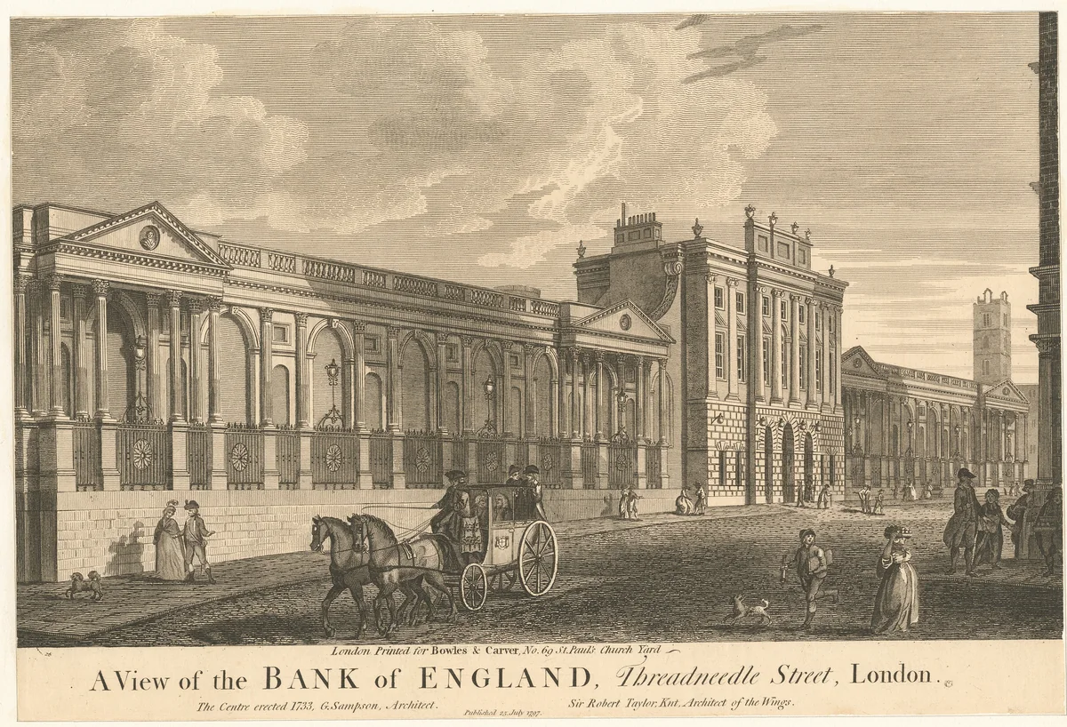 An engraving of 1797 showing the Bank of England on Threadneedle Street, with a horse drawn carriage and people walking in the street