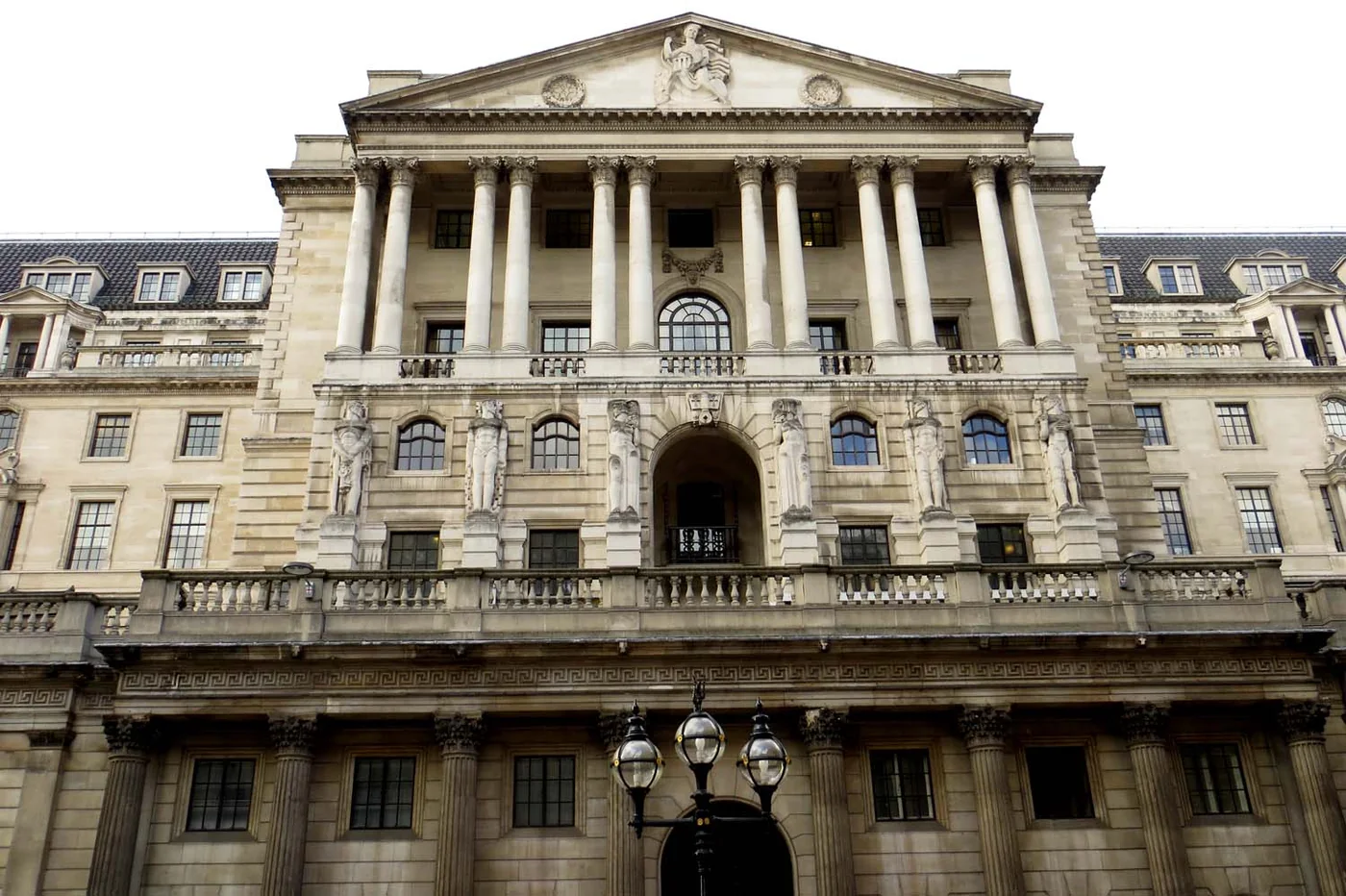 The columned front of the Bank of England on Threadneedle Street in the City of London