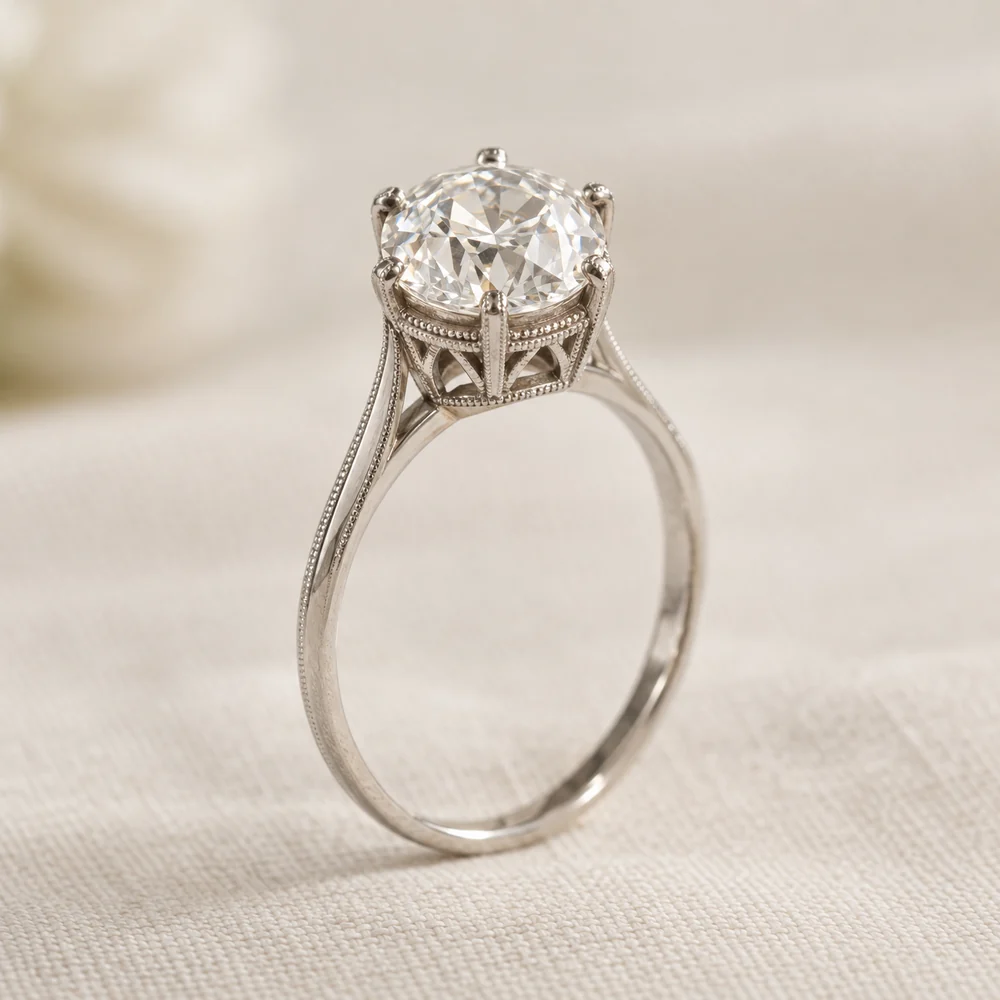 Illustration of an Edwardian-style platinum solitaire with an old European cut diamond in six claws and a millegrain gallery