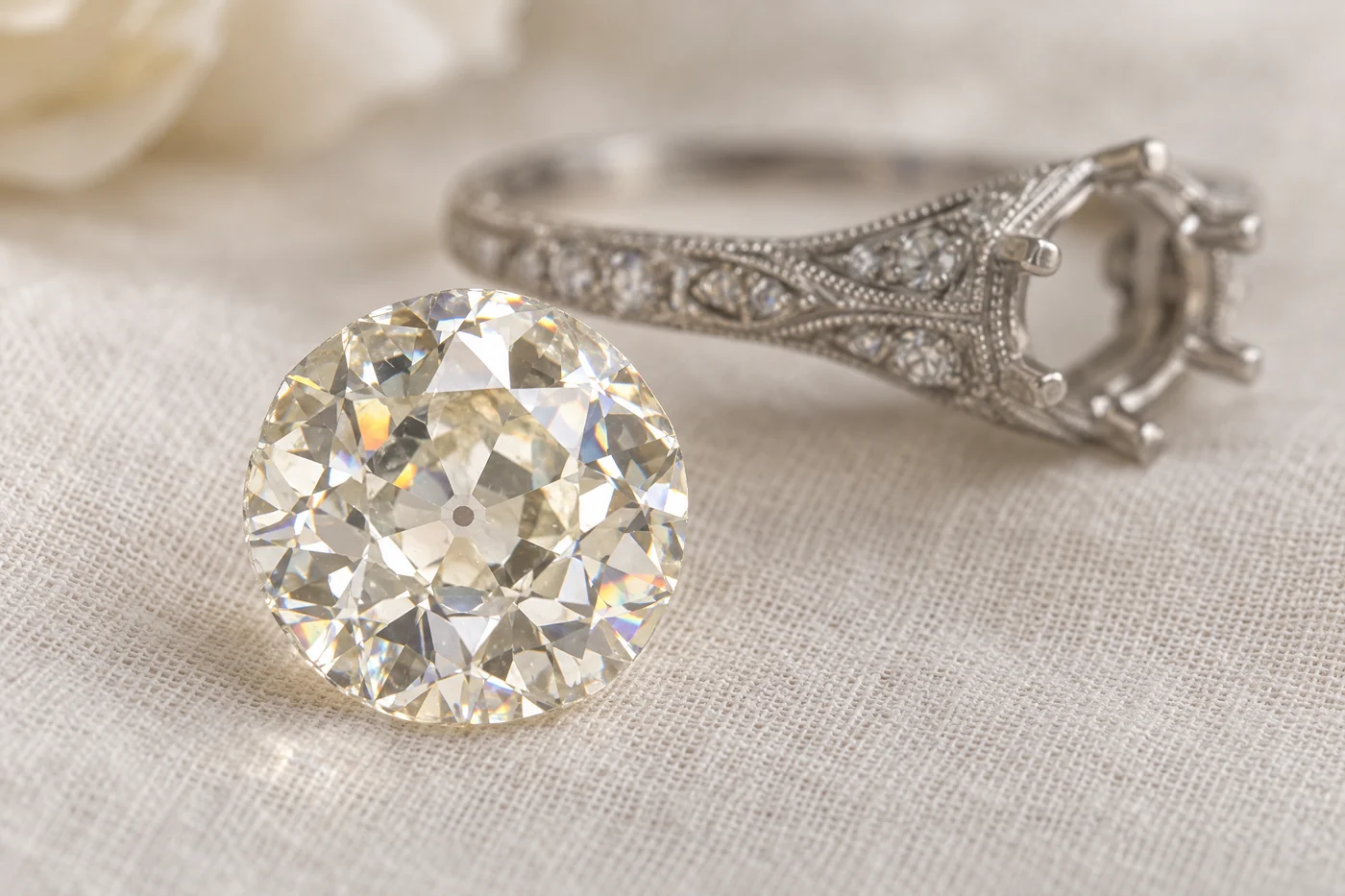 Illustration of a loose old European cut diamond with a small table and open culet beside an Edwardian-style platinum mount