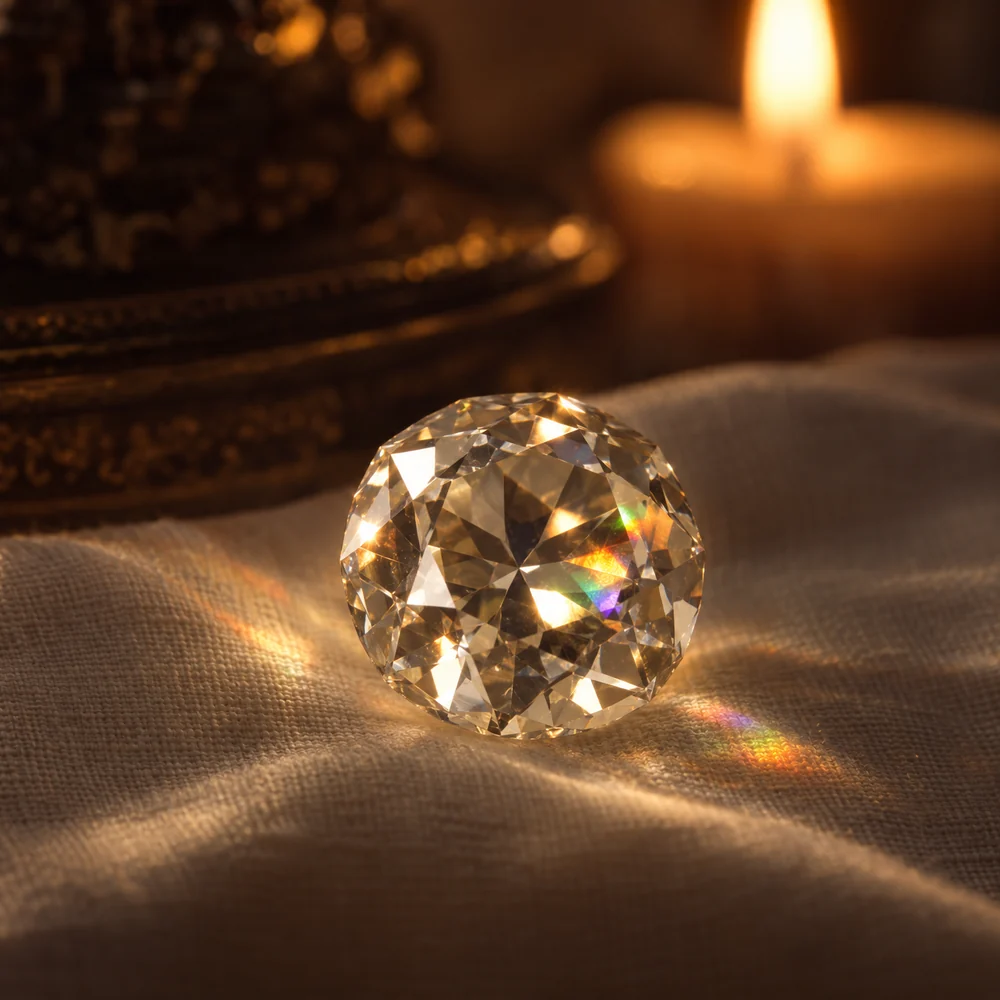 Illustration of an old European cut diamond throwing broad flashes of fire by candlelight