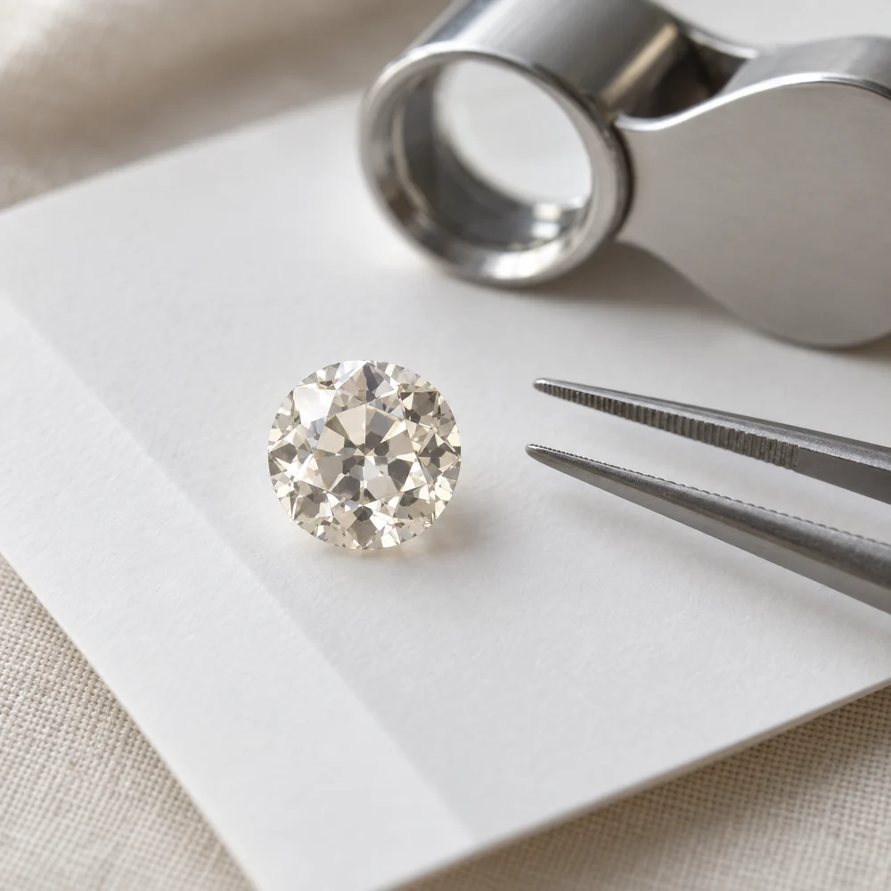 Illustration of a loose old European cut diamond on a white grading card with tweezers and a loupe