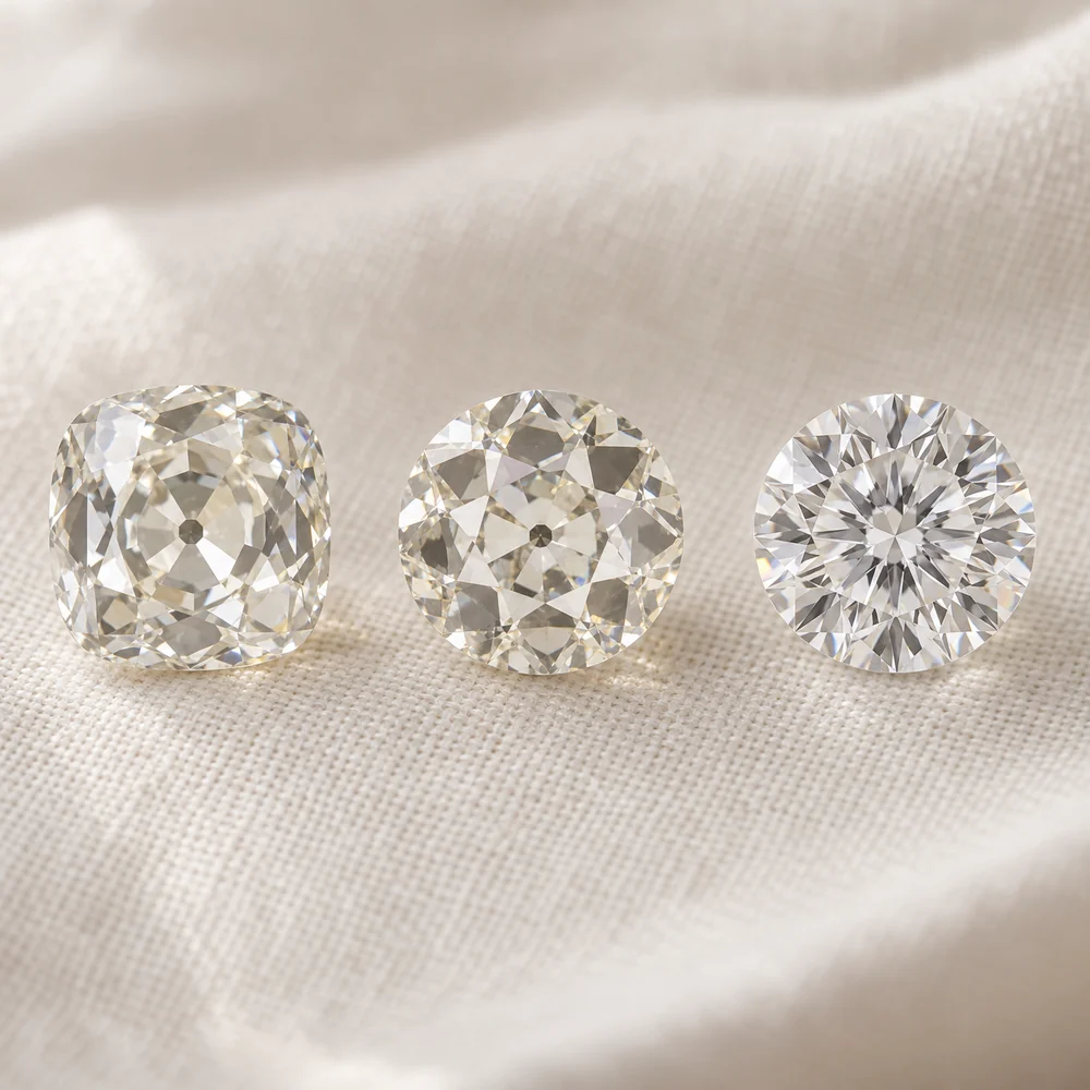 Illustration of three loose diamonds: an old mine cut, an old European cut and a modern round brilliant