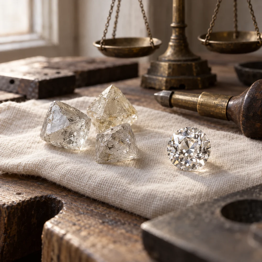 Illustration of rough diamond crystals beside a finished old European cut diamond on a cutter's bench