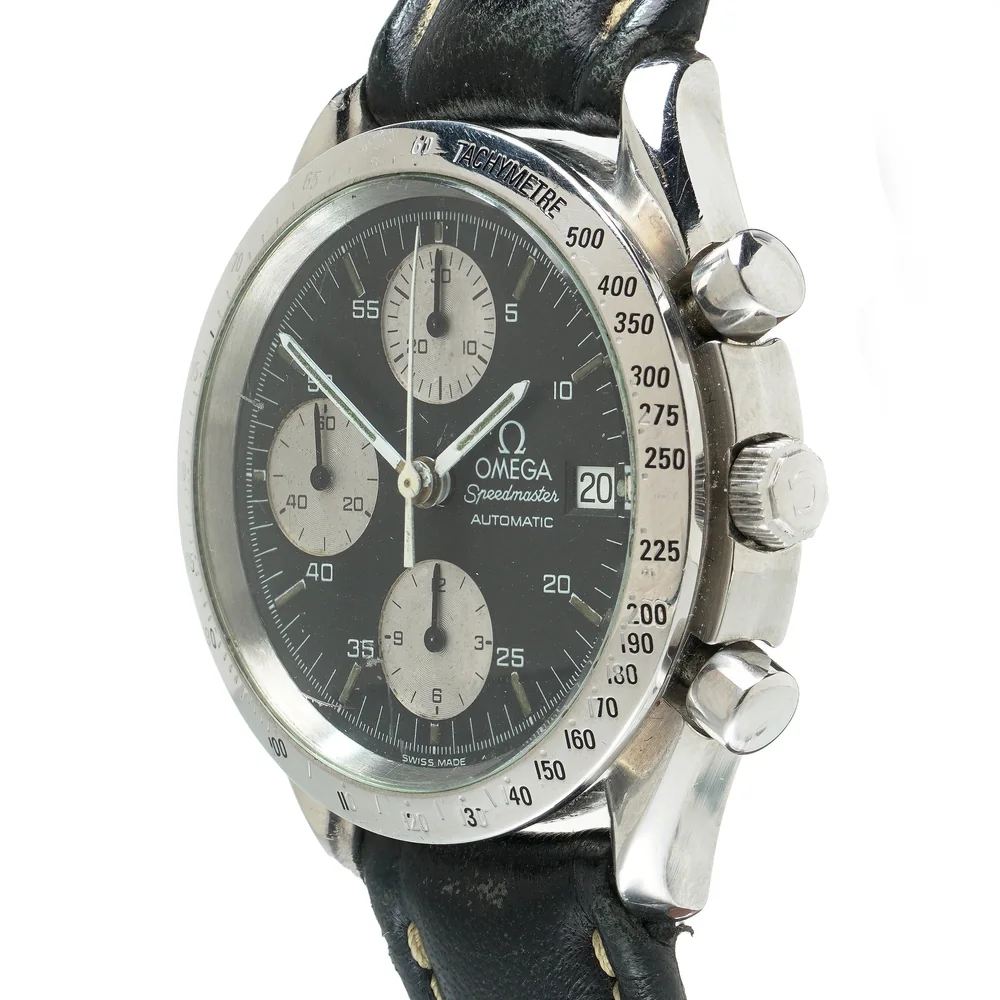 An Omega Speedmaster Date ref. 3511.50 with a black dial, three silvered sub-dials, a date window at 3 and a steel tachymetre bezel