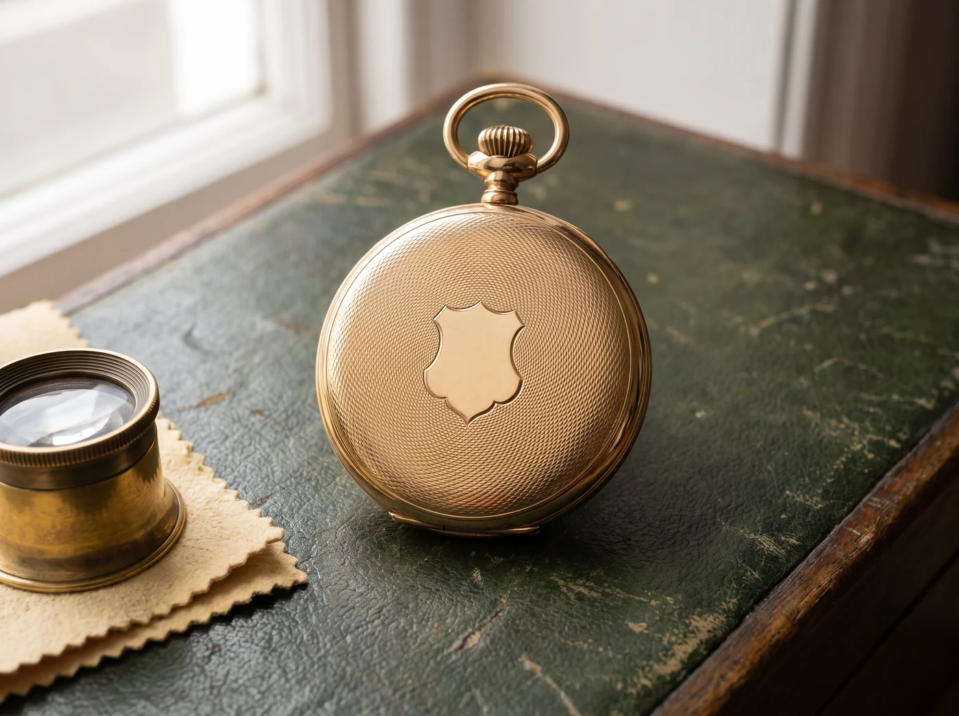 Closed antique gold full hunter pocket watch with an engine-turned case and a blank shield cartouche, beside a brass loupe on a green leather bench