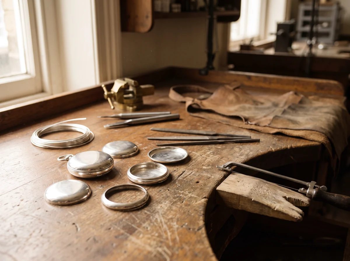 Watch case maker's workbench with polished silver pocket watch case backs, bezels, hinge wire, files and a bench vice