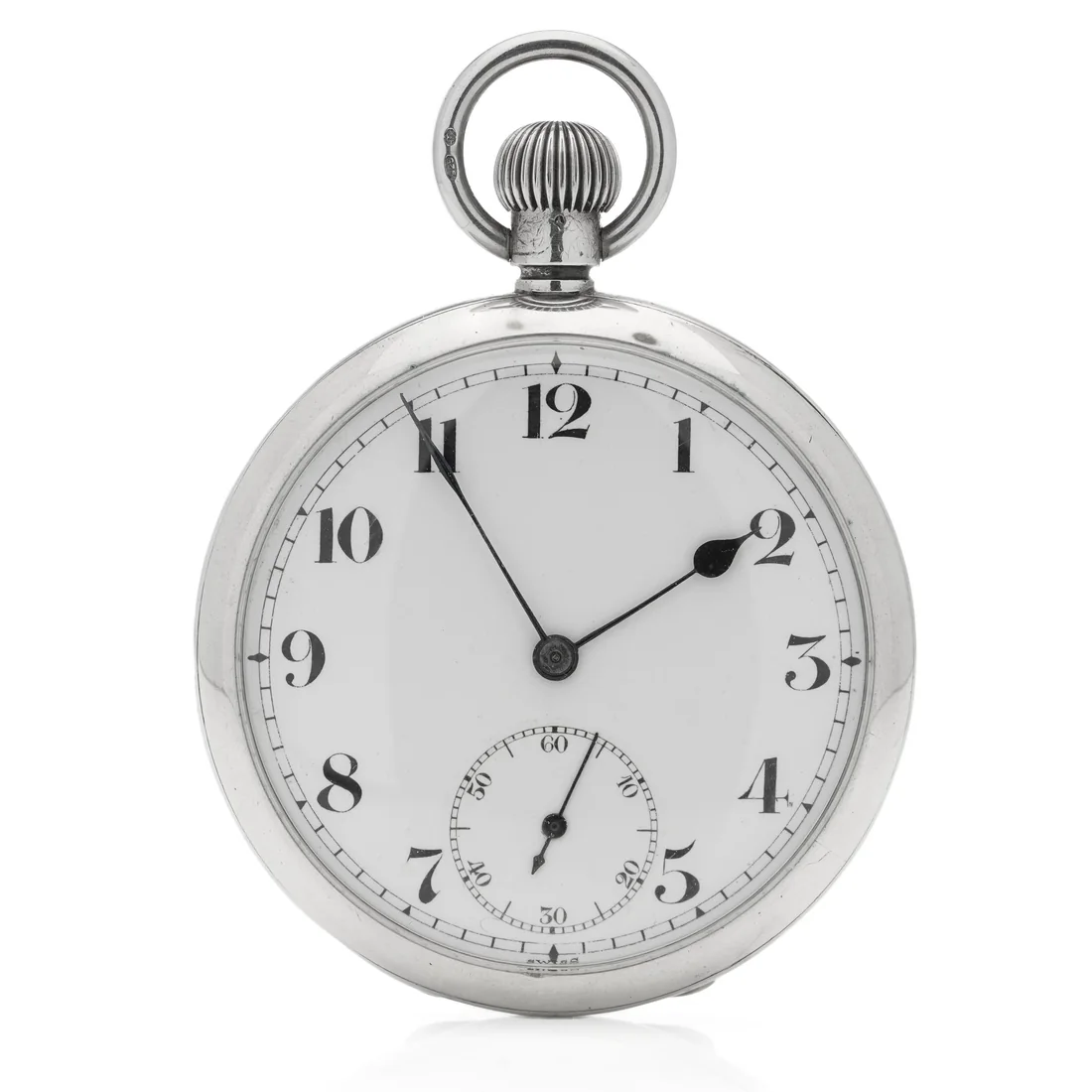 Sterling silver Wilsdorf and Davis open face pocket watch with white enamel dial and Arabic numerals