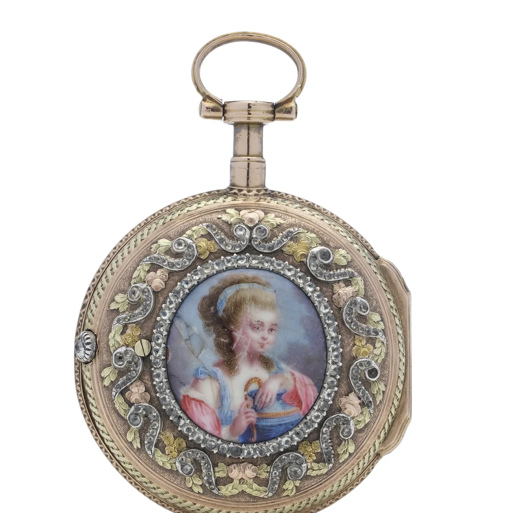 Back of an 18th century gold and silver pocket watch case with a painted enamel portrait of a lady framed in paste stones
