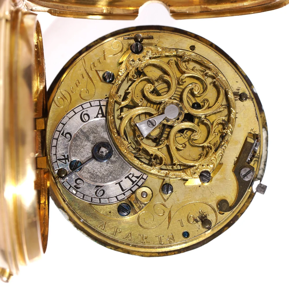 18th century verge fusee pocket watch movement with a pierced and engraved gilt balance cock