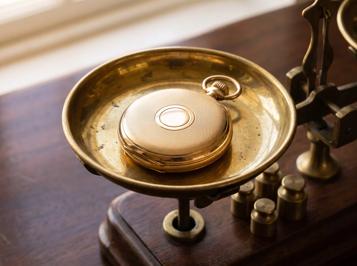Closed engine-turned gold hunter pocket watch resting on the pan of a brass balance scale