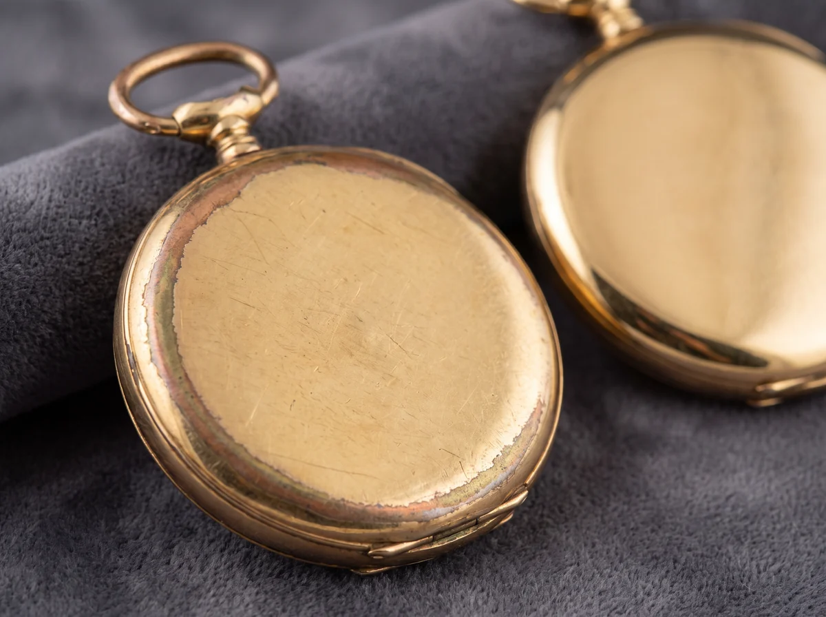 Gold plated pocket watch case back with the plating worn through to brassy base metal at the rim
