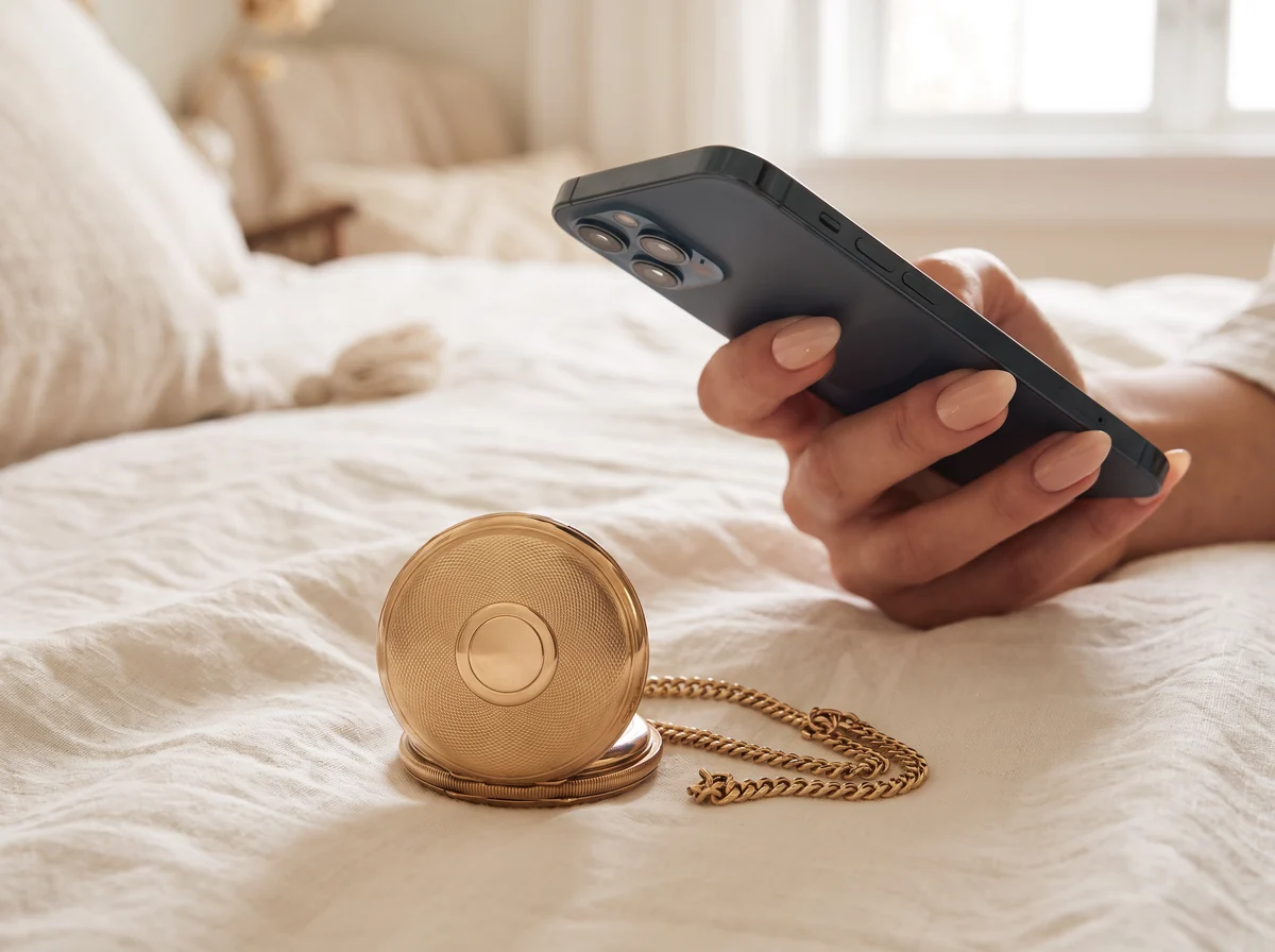 Photographing a closed gold hunter pocket watch and chain with a phone for a valuation