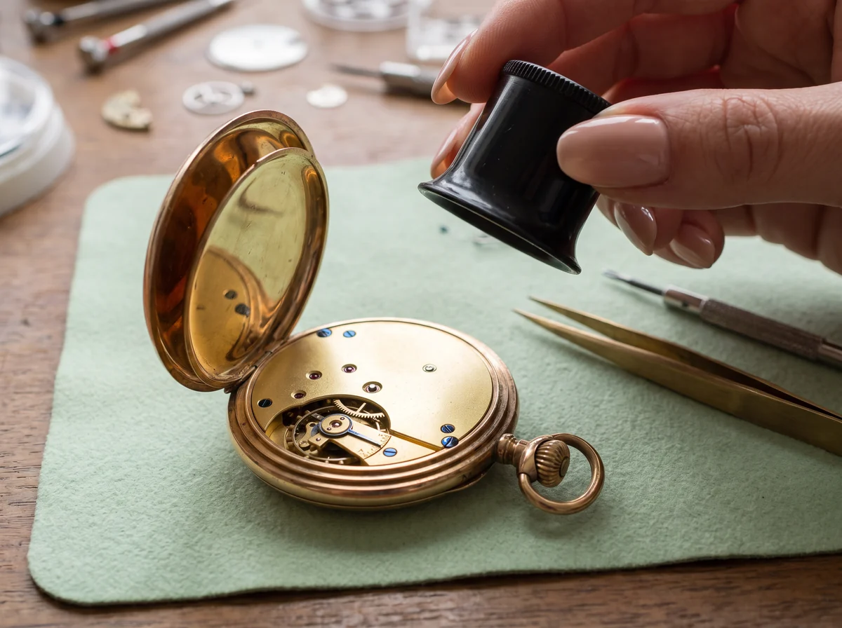 Gold pocket watch opened on a watchmaker's bench, its movement being inspected with a loupe