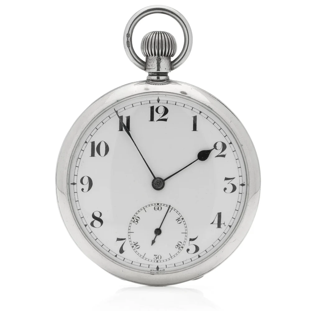 Wilsdorf and Davis sterling silver open face pocket watch with white dial and Arabic numerals
