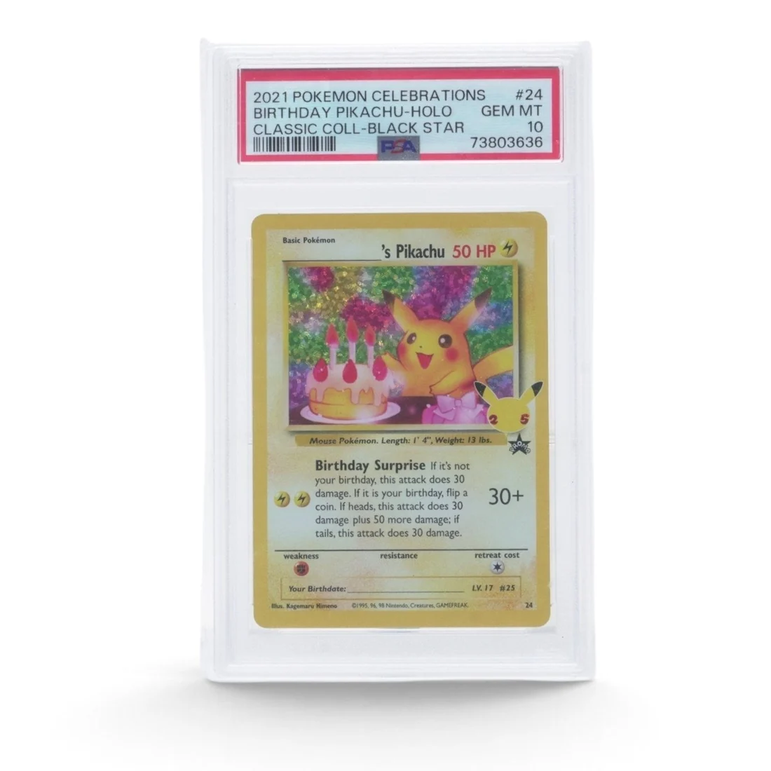 A Birthday Pikachu holo card graded PSA 10 Gem Mint in a clear PSA slab, the red label reading 2021 Pokemon Celebrations Classic Coll-Black Star