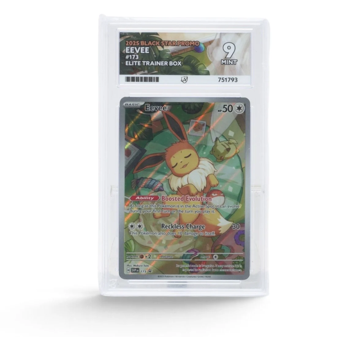 An Eevee Black Star promo card graded Ace 9 Mint in a clear Ace Grading slab, the label reading 2025 Black Star Promo Eevee 173 Elite Trainer Box
