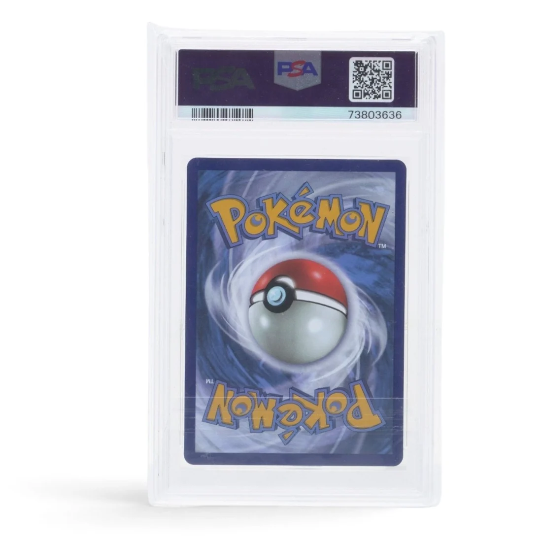 The reverse of a PSA graded card slab: the PSA label with a QR code, barcode and certification number above the blue back of the card