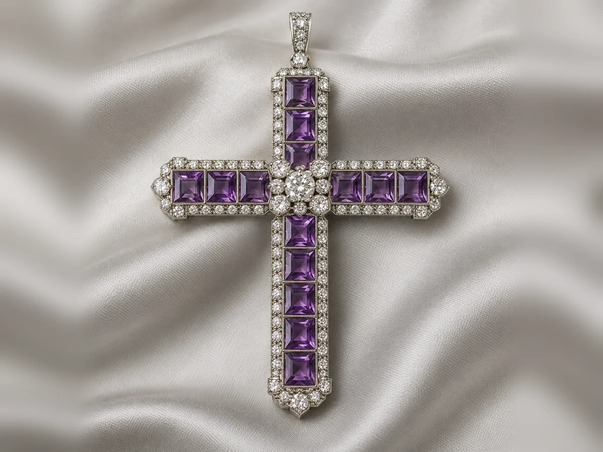 Illustration of a 1920s cross pendant of square-cut amethysts edged with diamonds