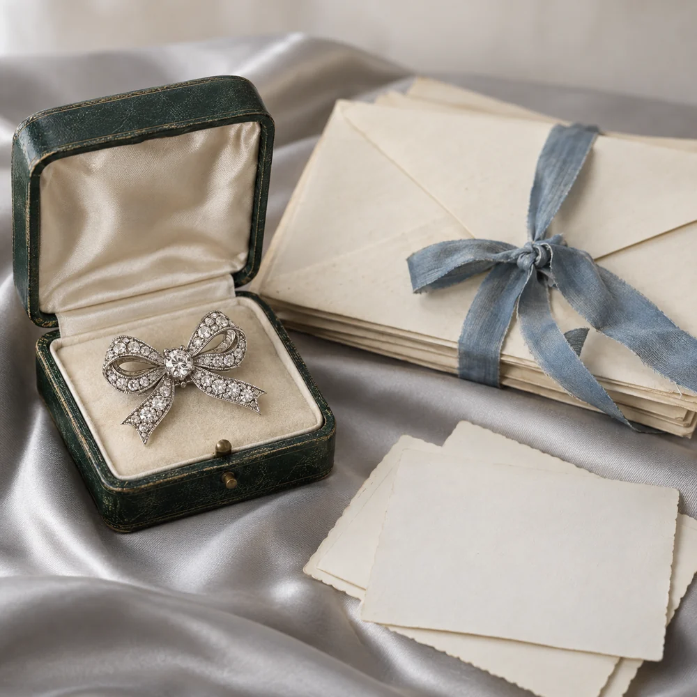 Antique fitted jewel case beside old letters tied with ribbon, the kind of paper that proves provenance