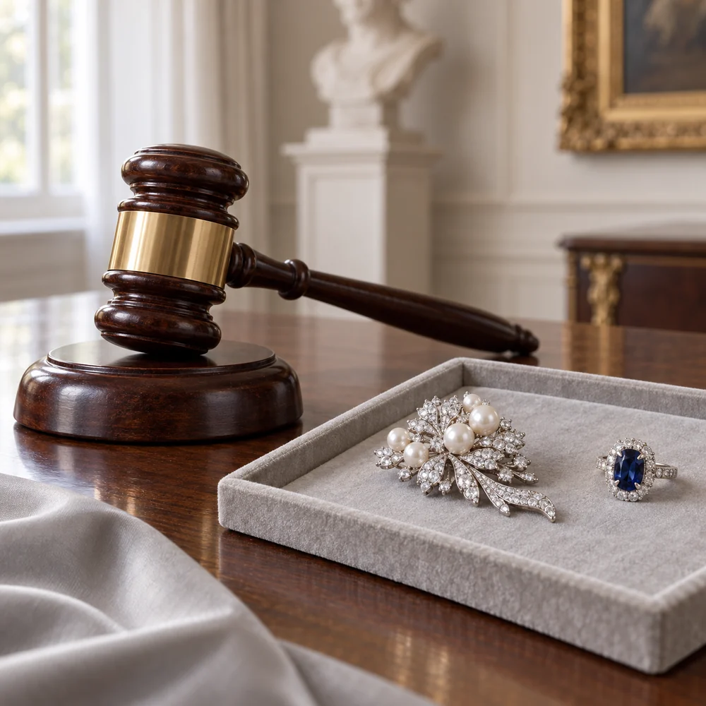 Auctioneer's gavel beside a velvet tray holding a diamond and pearl brooch and a sapphire ring