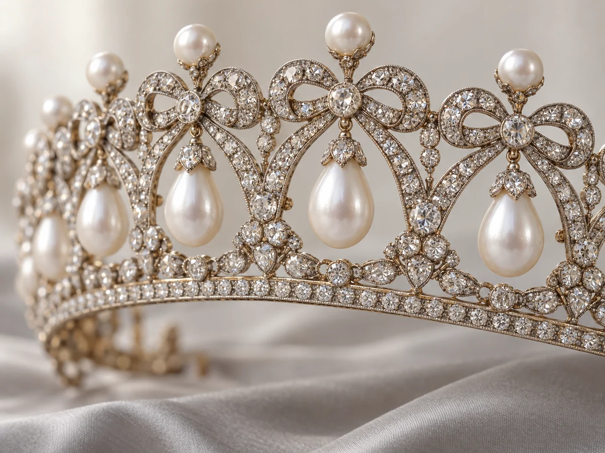 Illustration of a diamond lover's knot tiara with pearl drops hanging inside each arch