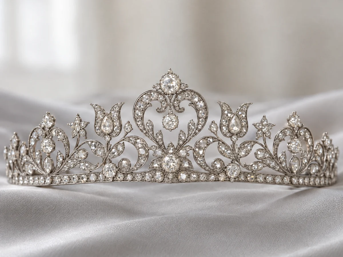 Illustration of an antique diamond tiara of scrolling foliage, tulip and star motifs rising to a heart-shaped centre