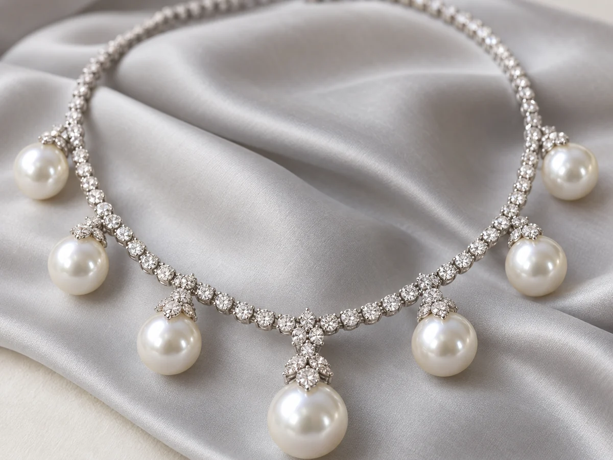 Illustration of a platinum and diamond necklace set with South Sea pearls
