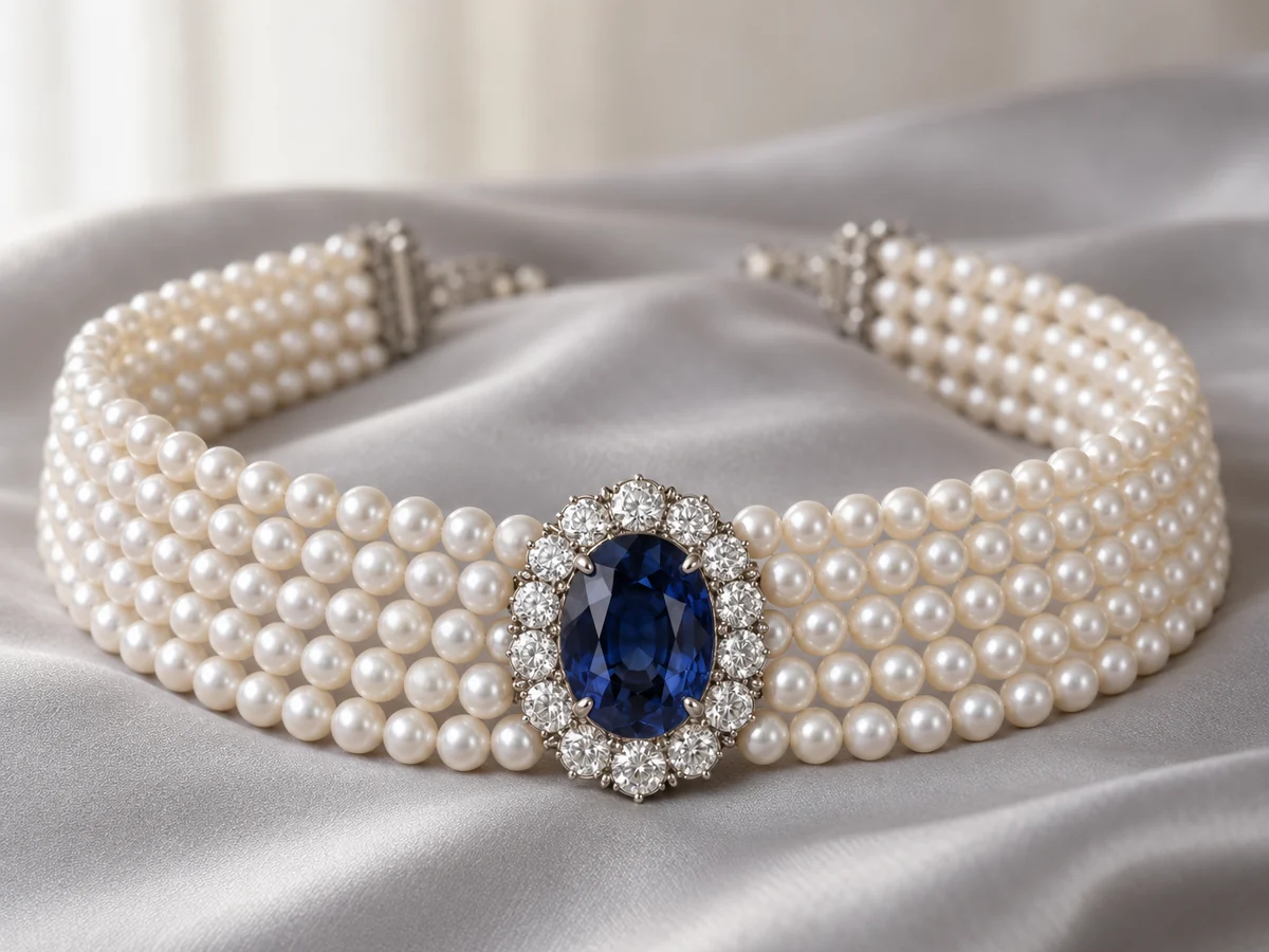 Illustration of a multi-strand pearl choker held by a large oval sapphire and diamond clasp