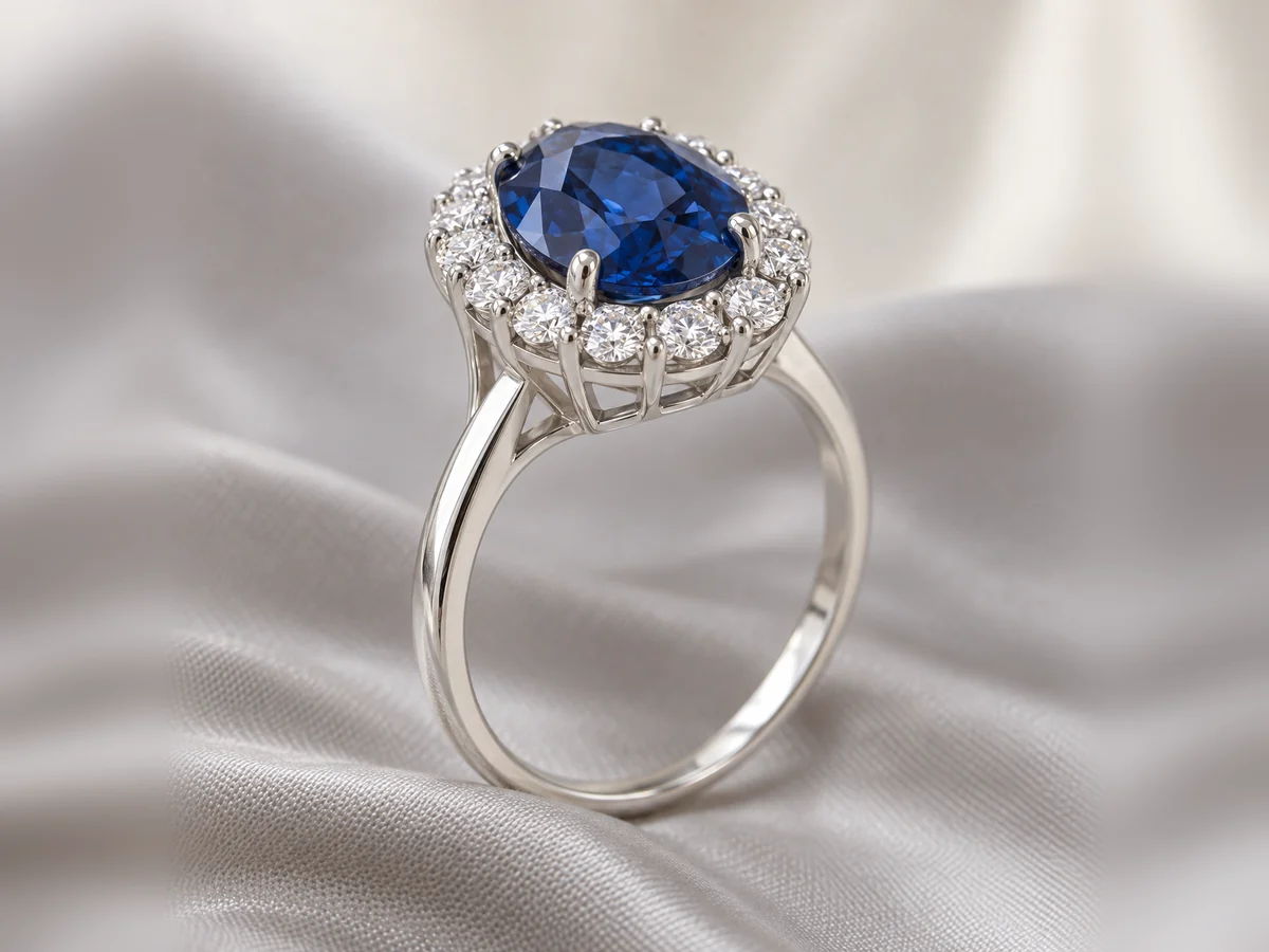 Illustration of an oval sapphire cluster ring in three-quarter view, showing the claws, open gallery and plain white gold shank