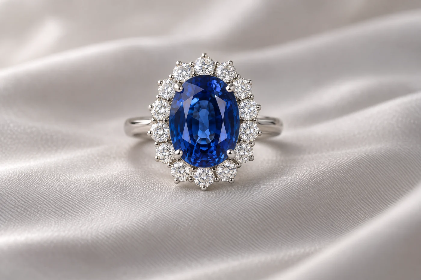 Illustration of an oval royal blue sapphire within a single row of fourteen round diamonds on a plain white gold band
