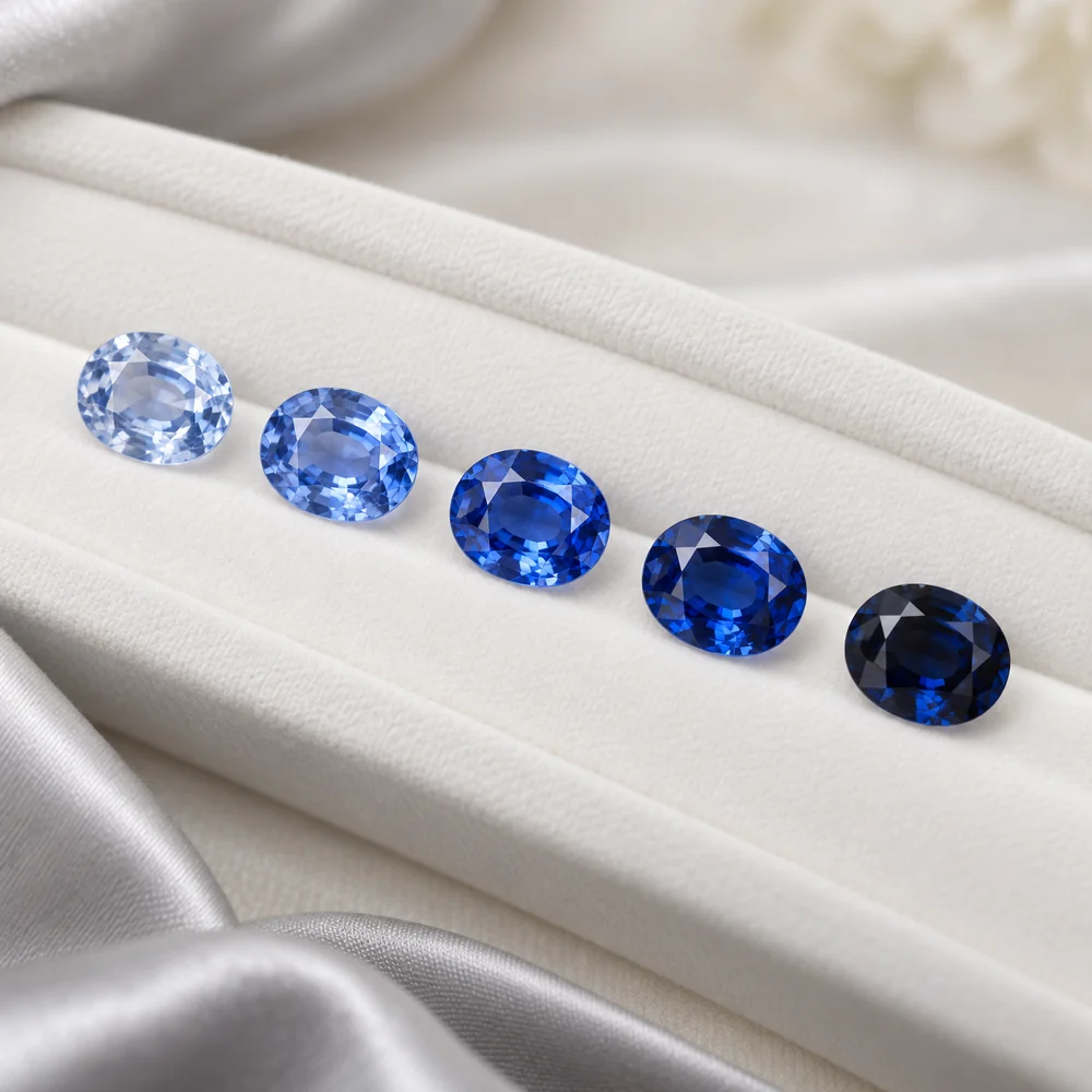Five loose oval sapphires graded from pale blue to deep inky blue
