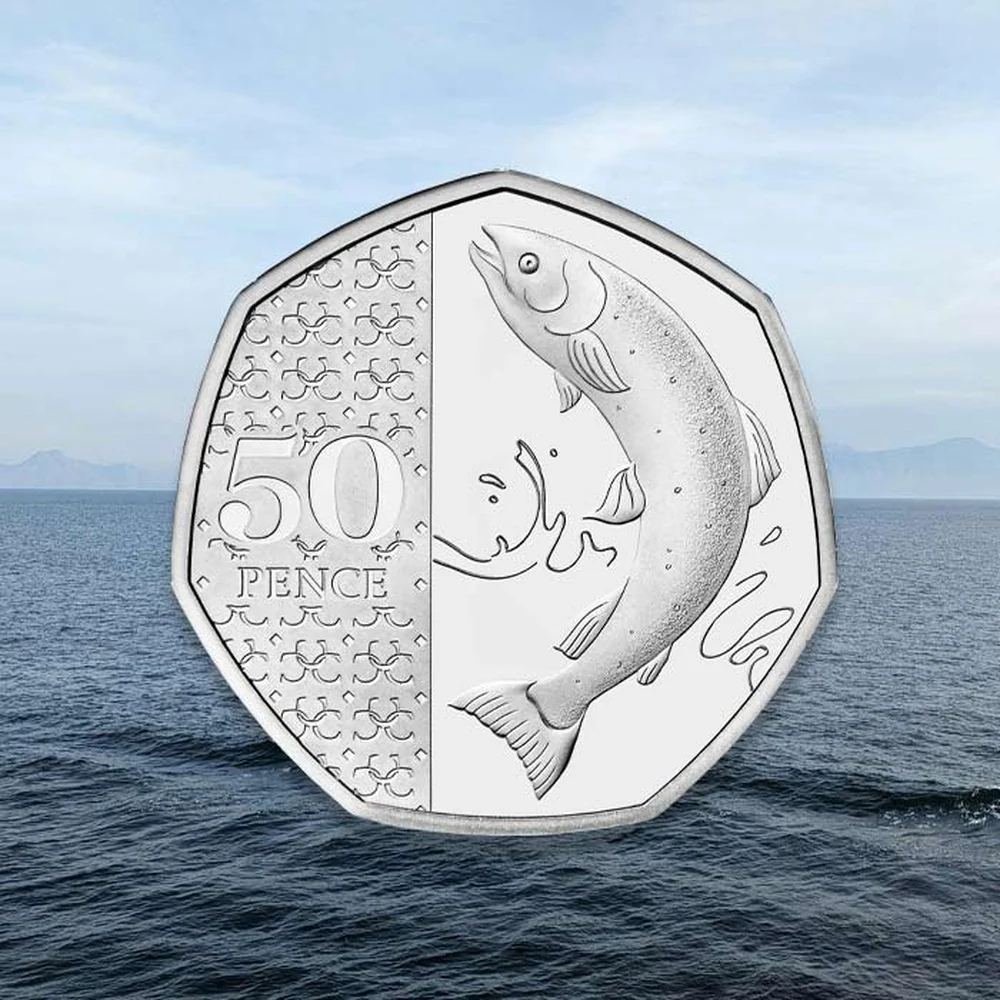 The Atlantic Salmon 50p: a leaping salmon on one half of the coin and the 50 PENCE value on the other