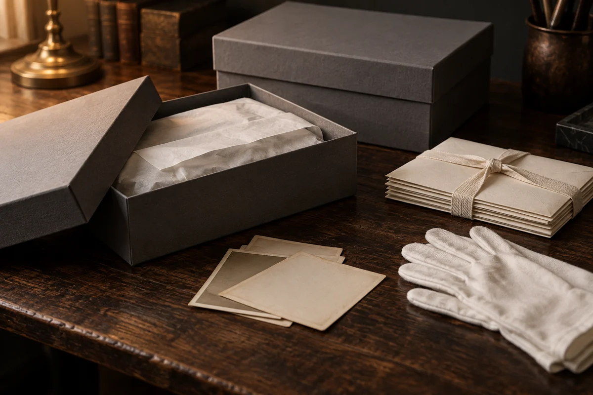 Grey acid-free archive boxes with tissue paper, old photographs, tied envelopes and white cotton gloves on a wooden table