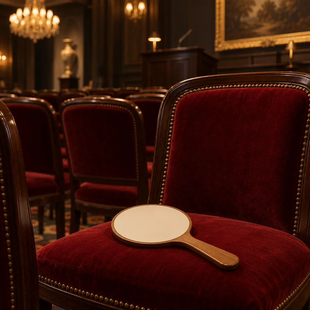 A blank wooden auction bidding paddle resting on a red velvet chair in an empty saleroom