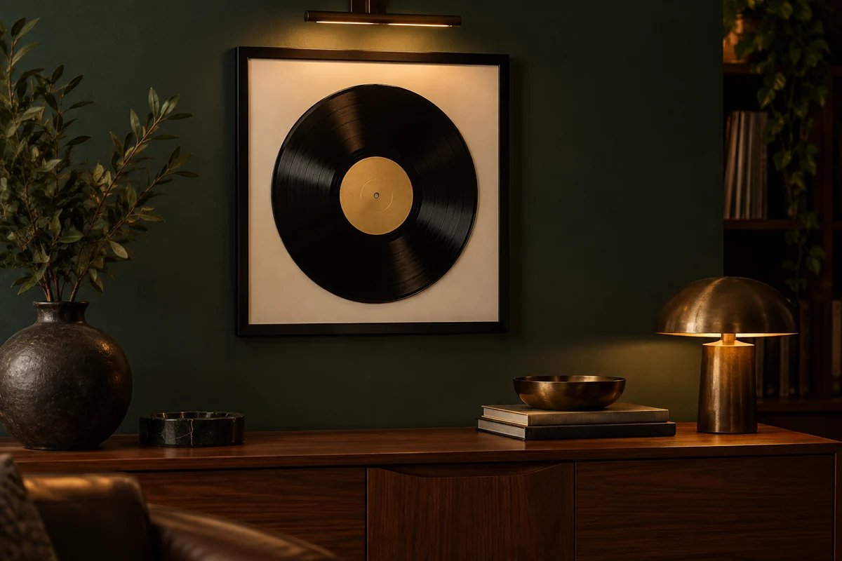 A framed black vinyl record with a plain gold label hanging on a dark green wall above a walnut sideboard