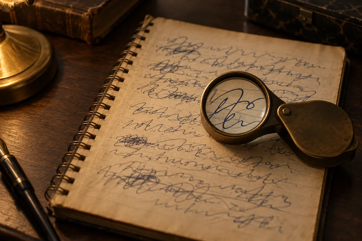 An old spiral notebook of illegible handwritten scribbles with a brass loupe magnifying the ink strokes