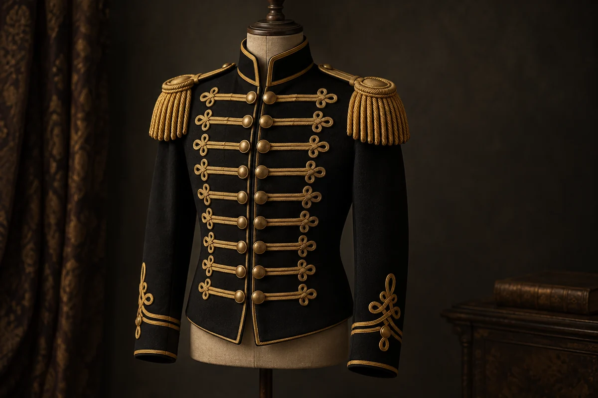A black military-style stage jacket with gold braid and epaulettes on a tailor's dress form