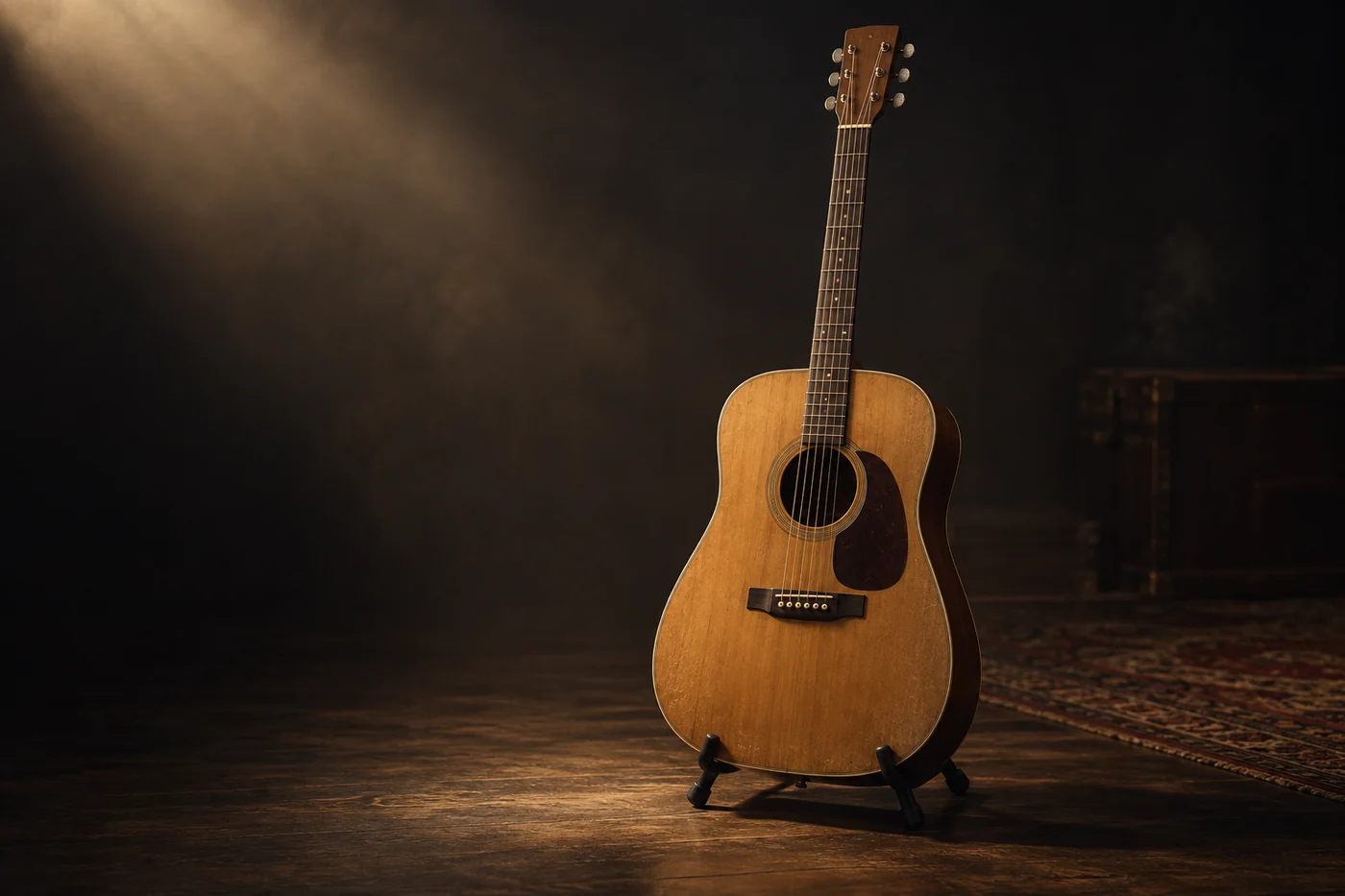 A vintage acoustic guitar on a black stand in a dark room, lit by a single warm spotlight