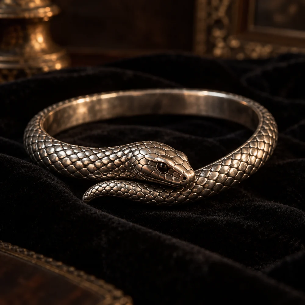 A sterling silver snake bangle with a detailed scaled head lying on black velvet