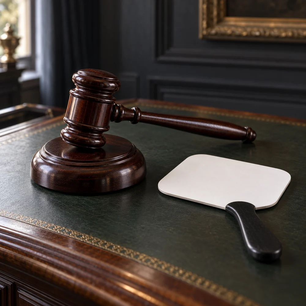 An auctioneer's mahogany gavel on its sound block beside a blank bidder's paddle on a green leather rostrum