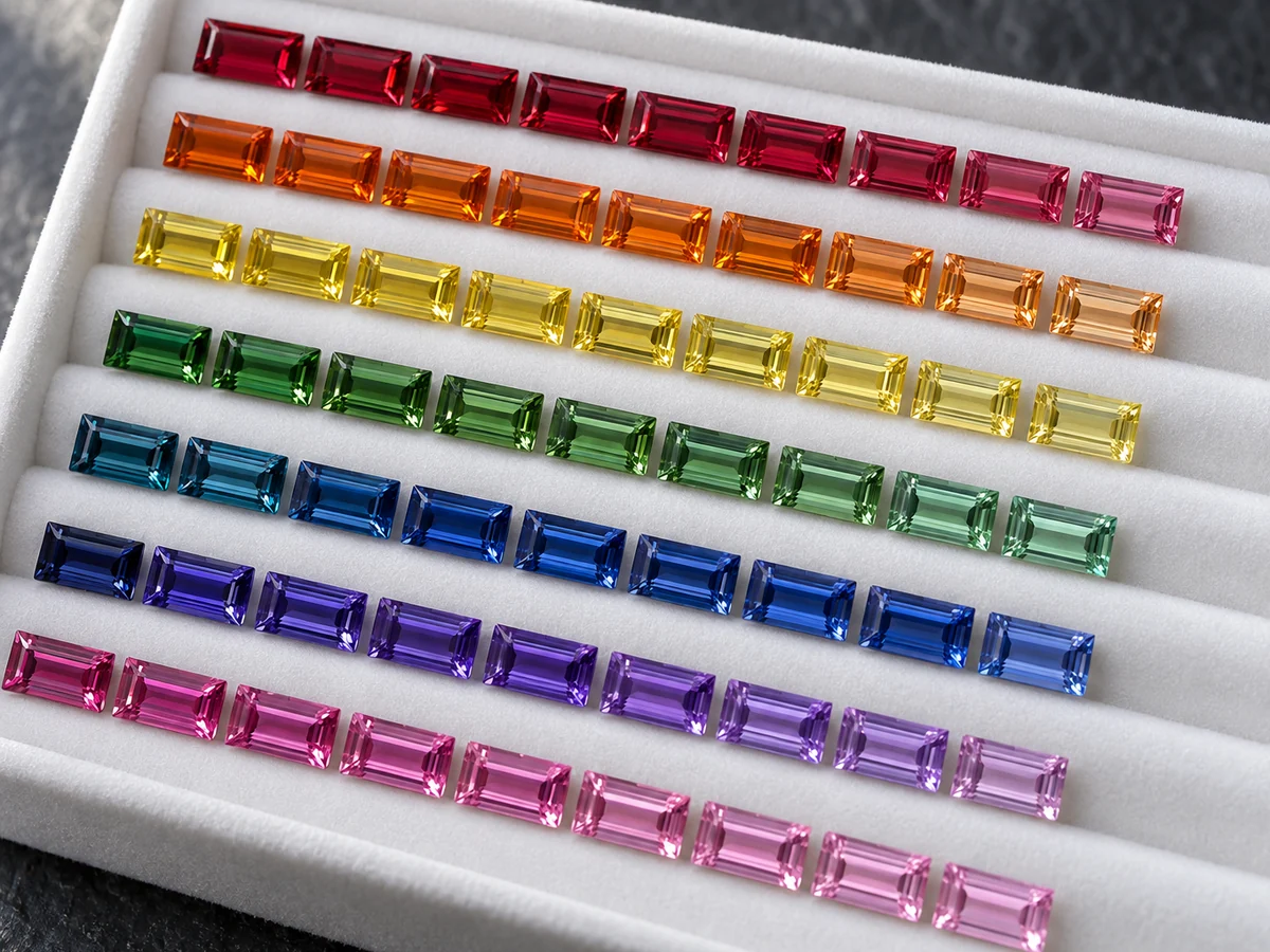 Loose baguette-cut sapphires graded in rows through the colours of the rainbow, as used on Rainbow Daytona bezels