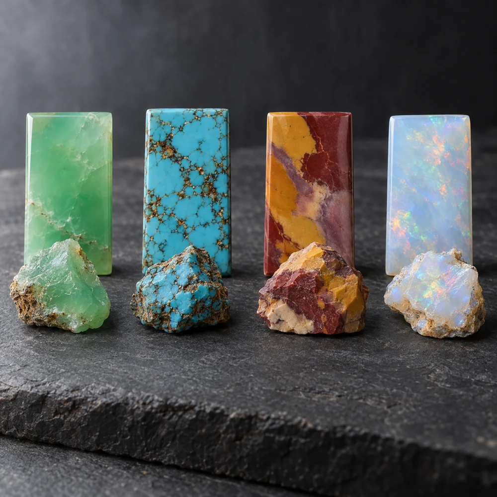Rough and polished slabs of chrysoprase, turquoise, mookaite and blue opal, the four dial stones of the Rolex Four Seasons Daytonas