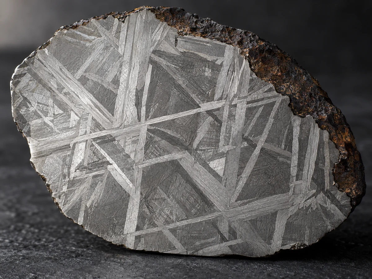 An etched slice of iron meteorite showing the criss-cross Widmanstätten crystal pattern used for meteorite watch dials