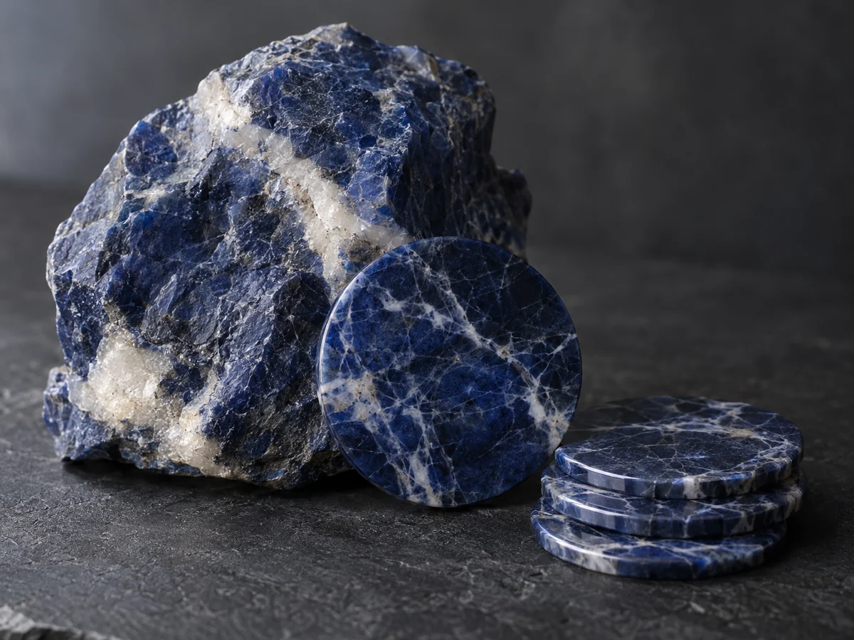 Rough blue sodalite with white veins beside thin polished sodalite slices