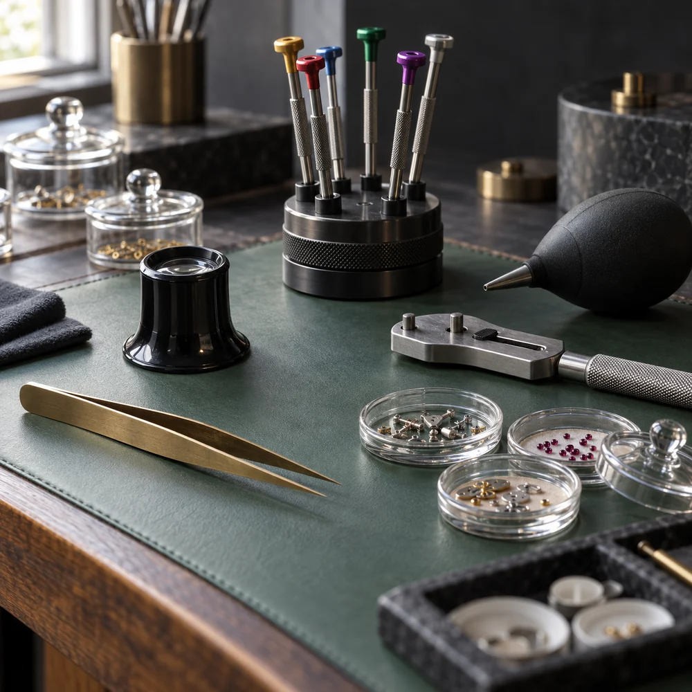 A watchmaker's bench with a green leather mat, screwdrivers, tweezers, loupe, dust blower, case opener and parts trays