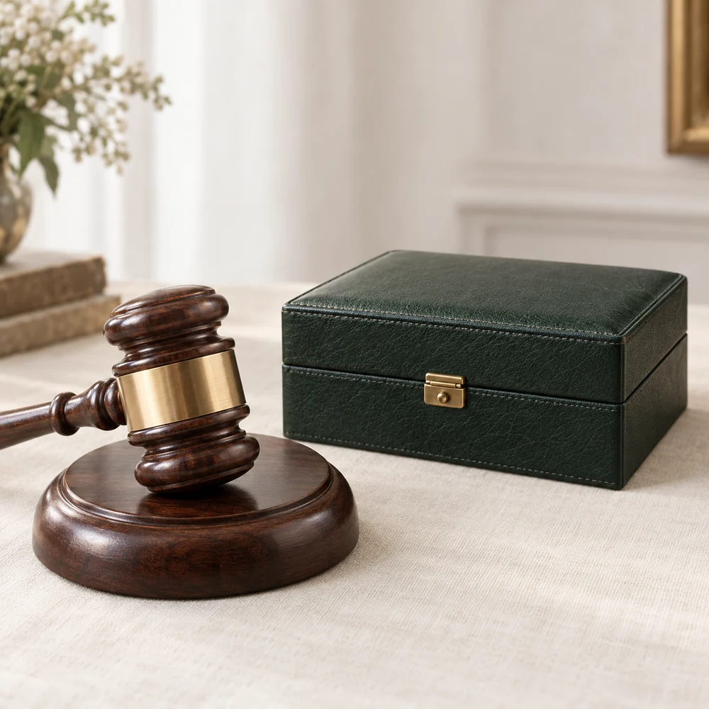 An auctioneer's gavel on its sound block beside a closed green leather watch box