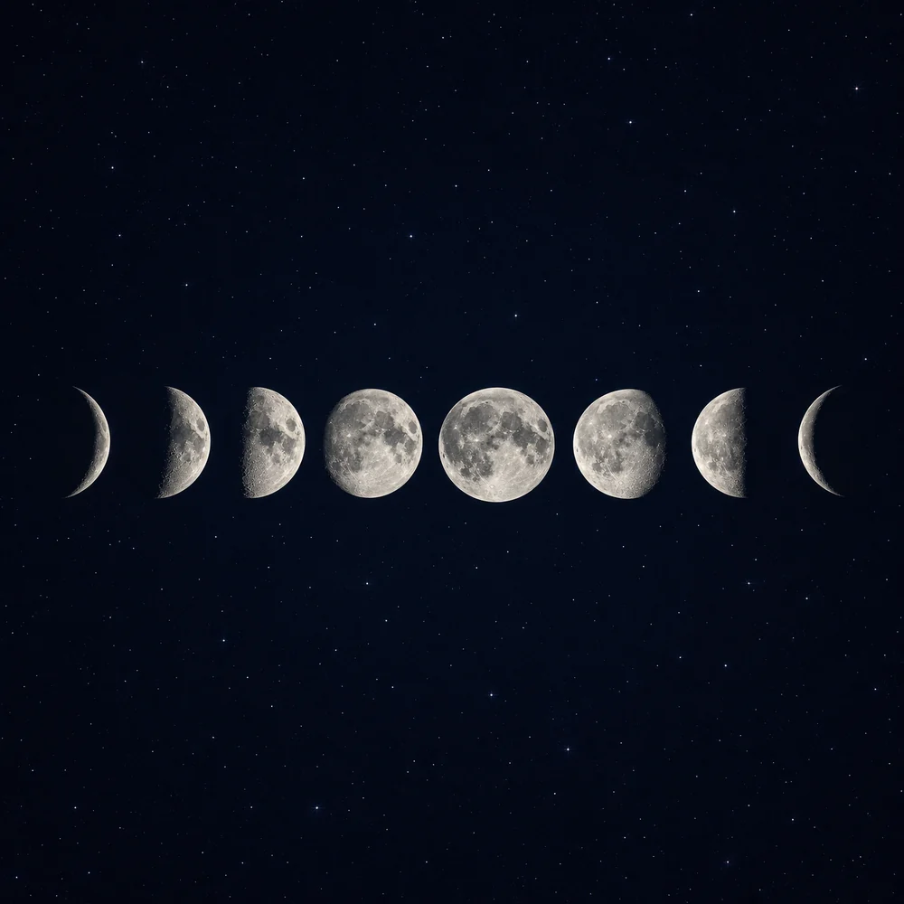 The phases of the Moon across one lunar month, from crescent to full and back, on a night sky