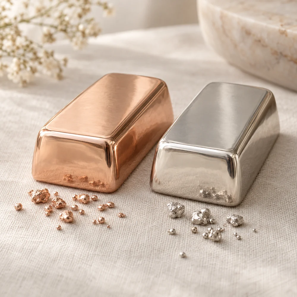 Two plain bars of rose gold and platinum on ivory linen, the two metals of the Rolex Perpetual Padellone